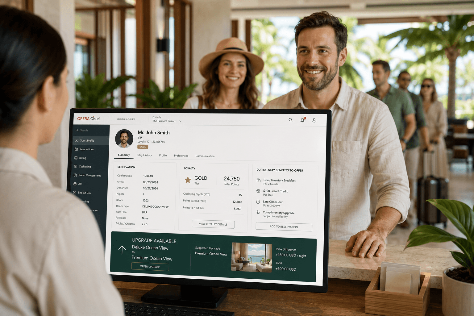 Front desk with PMS Cloud showing loyalty data